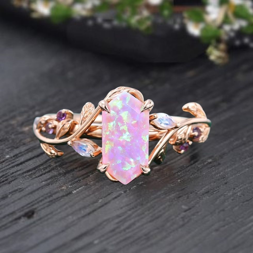 Long hexagon cut Pink Opal engagement ring set moonstone twist branch lab grown diamond leaf ring Unique Rose gold ring Vintage Bridal ring